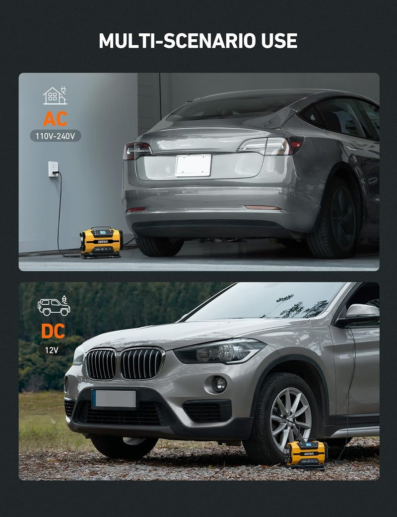 AstroAI مضخة هواء محمولة لضغط الإطارات 150 PSI 12V DC/110V AC مع محركات معدنية مزدوجة وضوء LED، ملحقات سيارات، وضعين للإطارات السيارات والدراجات الهوائية والمطاطات الهوائية، أصفر - Image 2